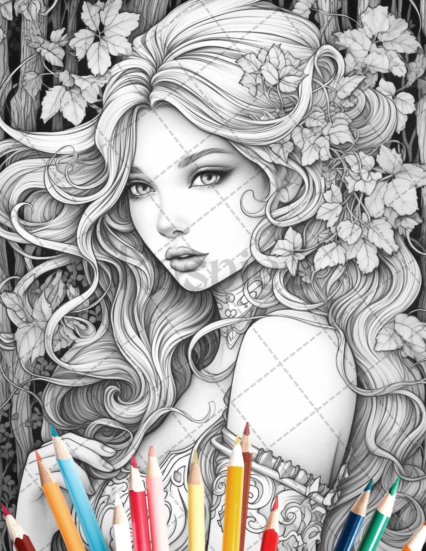 35 Beautiful Printable Elf Girls Coloring Book for Adults, Grayscale Coloring Page, PDF File Instant Download