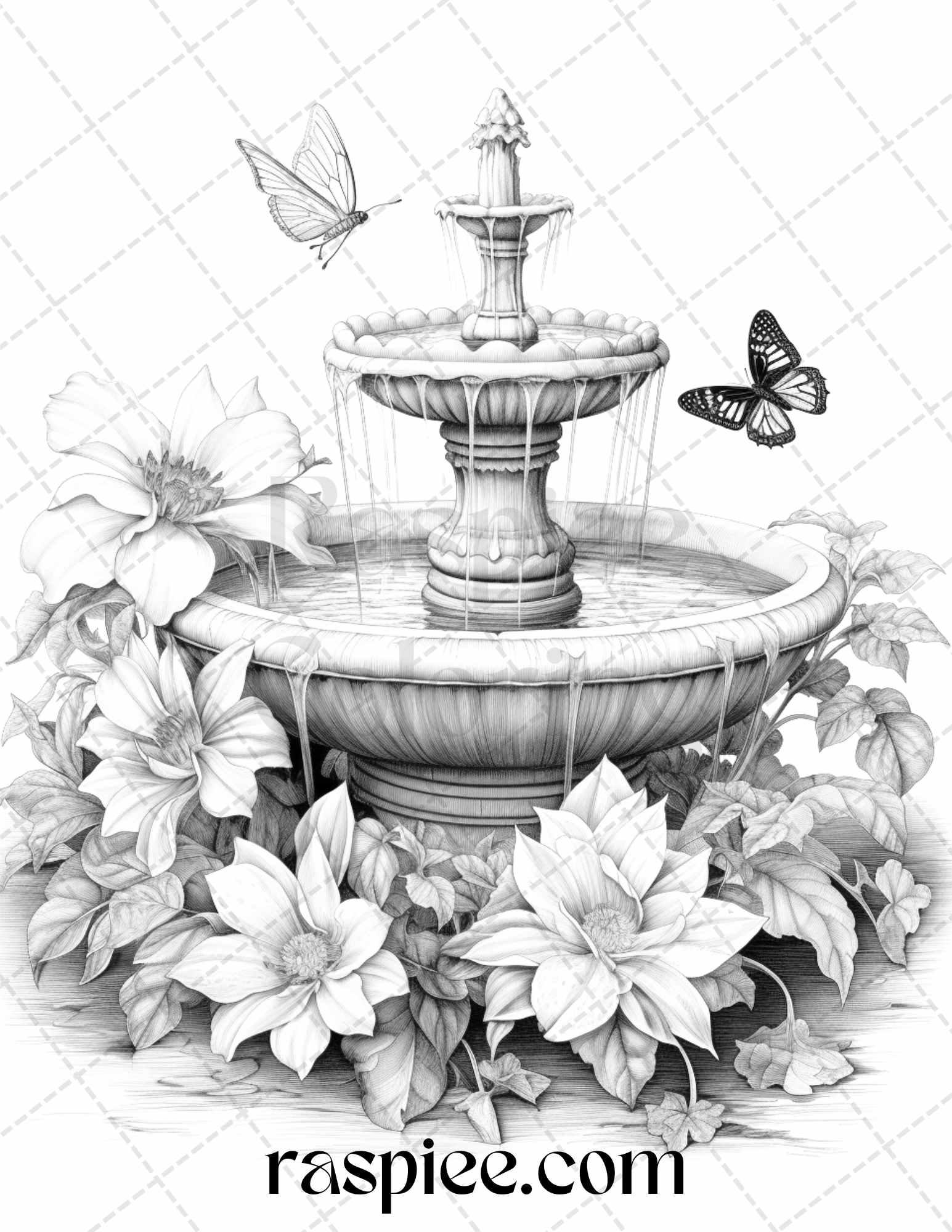 32 Blooming Fountains Grayscale Coloring Pages Printable for Adults, PDF File Instant Download