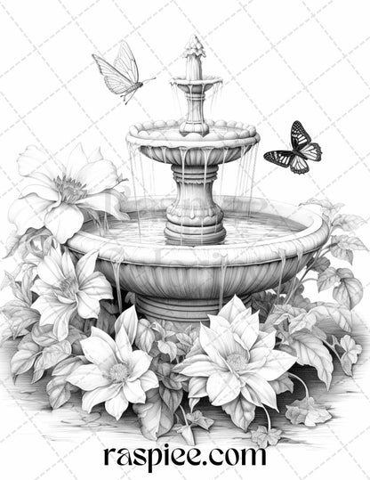 32 Blooming Fountains Grayscale Coloring Pages Printable for Adults, PDF File Instant Download