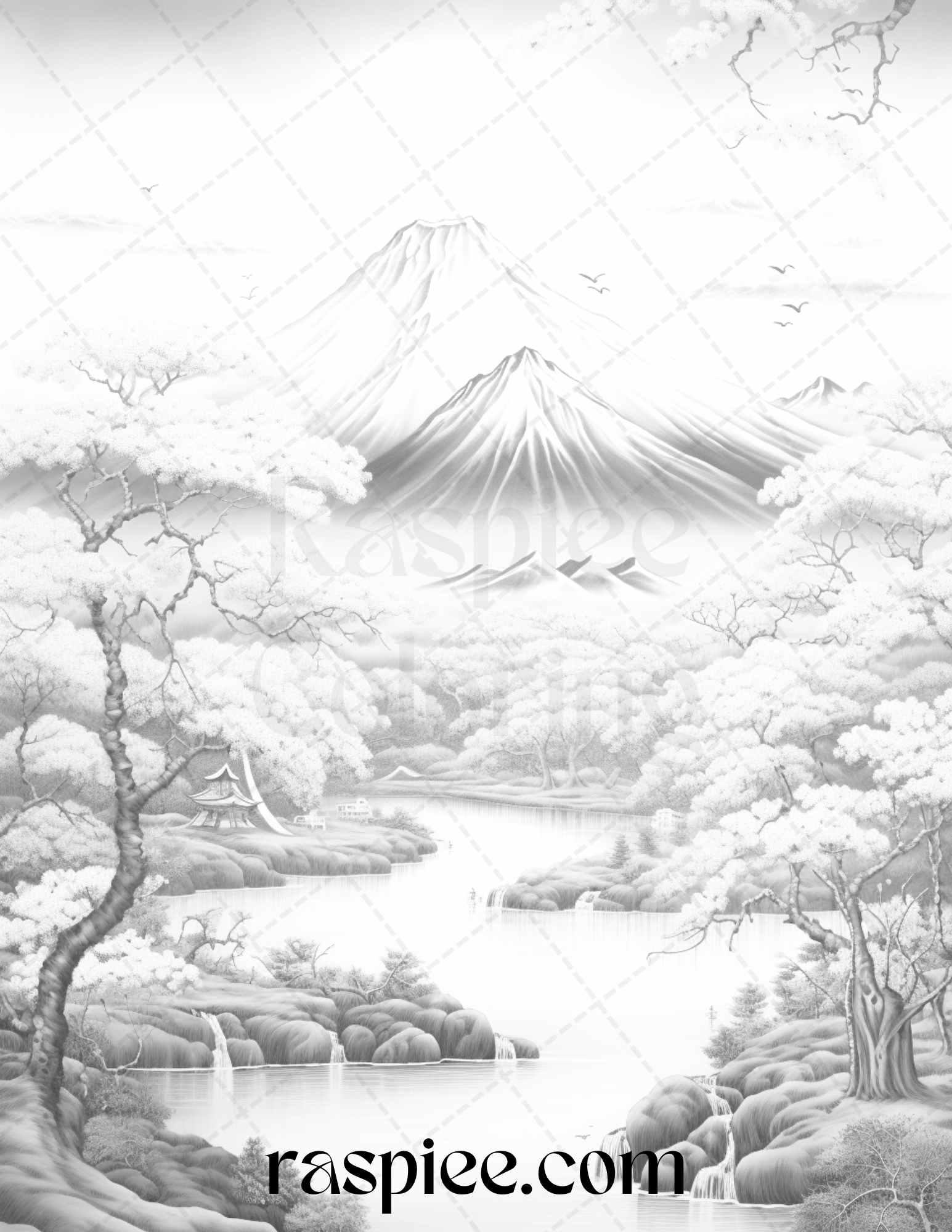 60 Mountain Flower Landscapes Grayscale Coloring Pages Printable for Adults, PDF File Instant Download
