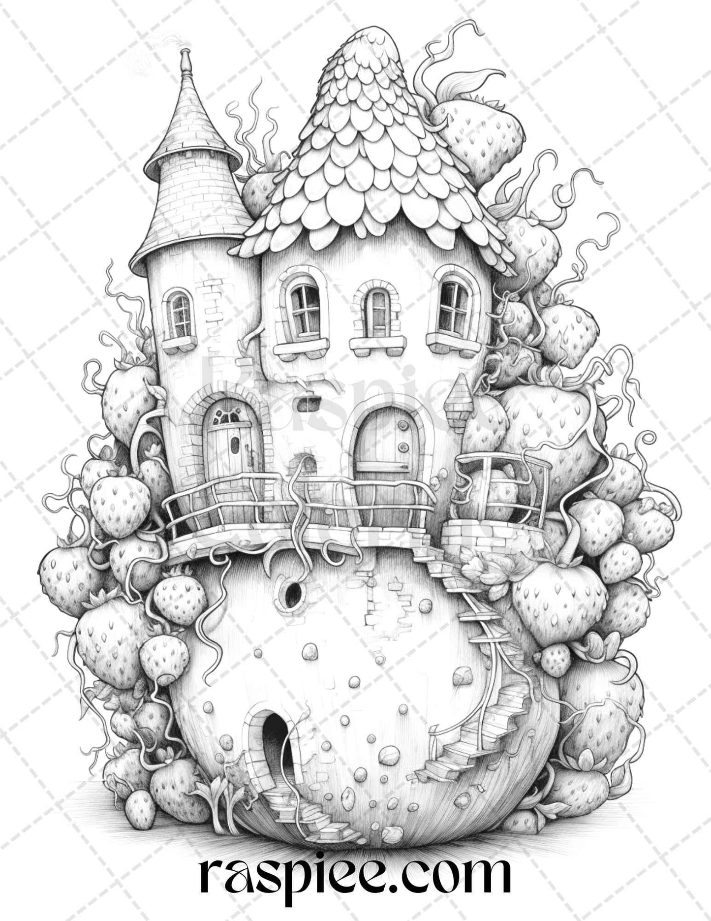 50 Strawberry Houses Grayscale Coloring Pages Printable for Adults Kids, PDF File Instant Download