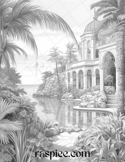 52 Tropical Oasis Grayscale Coloring Pages Printable for Adults, PDF File Instant Download