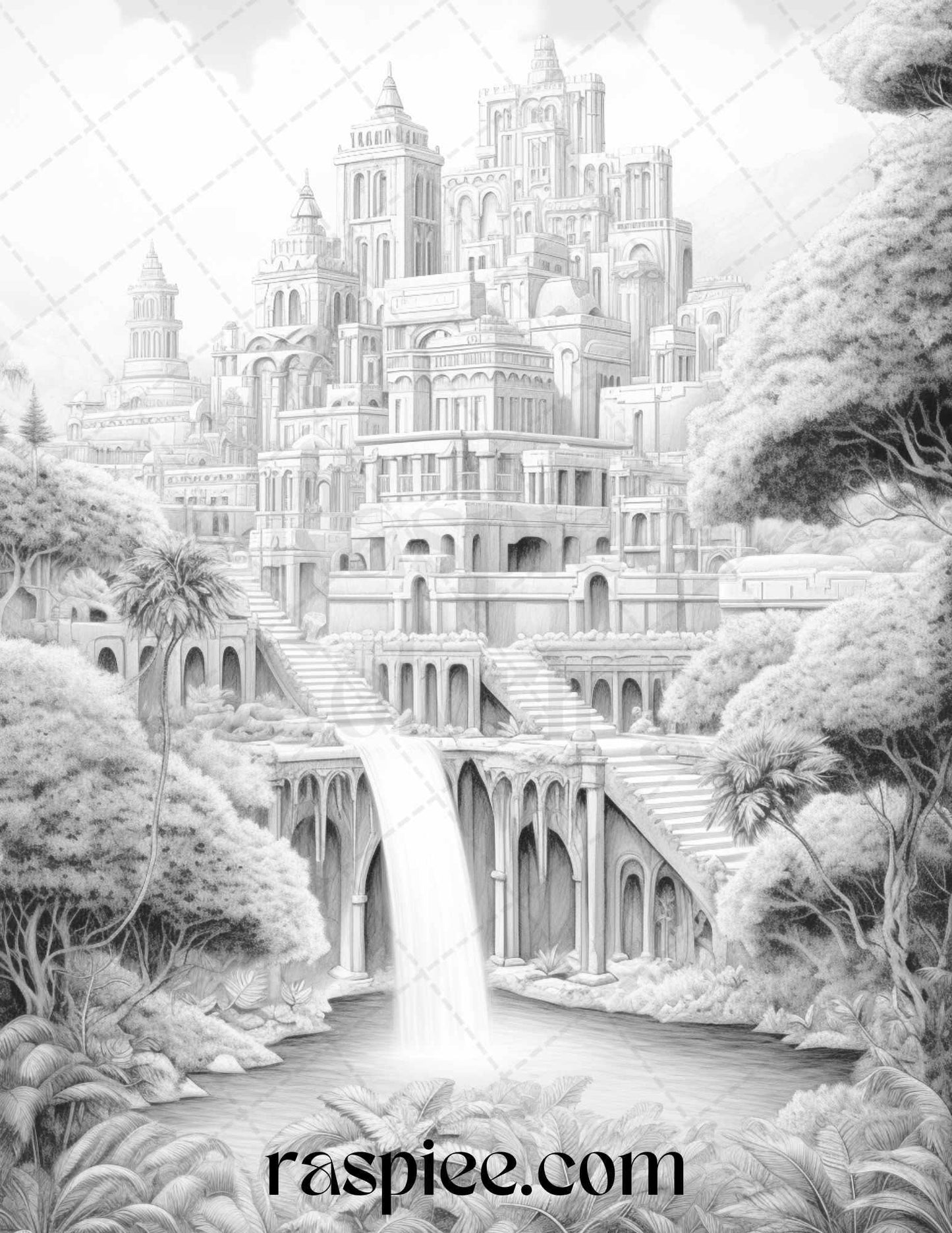 Hanging Gardens of Babylon Grayscale Coloring Pages Printable, PDF File Instant Download