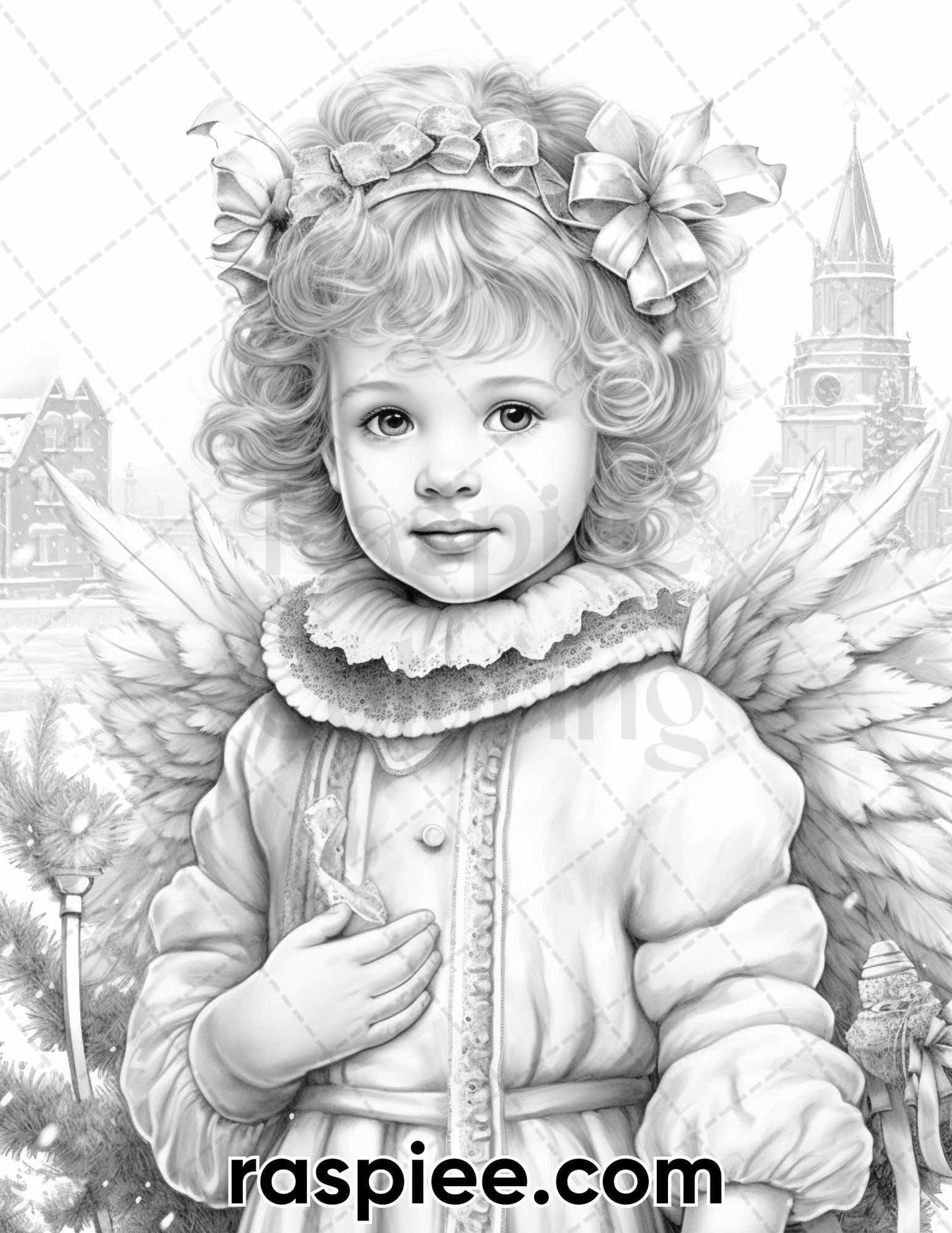 55 Christmas Angel Grayscale Coloring Pages for Adults, Printable PDF Instant Download