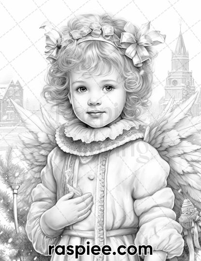 55 Christmas Angel Grayscale Coloring Pages for Adults, Printable PDF Instant Download