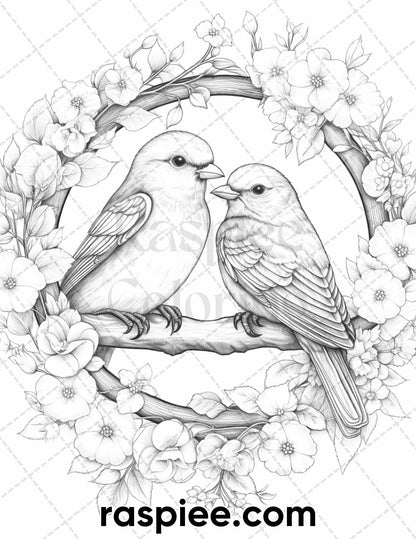 50 Lovebird Couple with Flowers Grayscale Coloring Pages for Adults, Printable PDF Instant Download