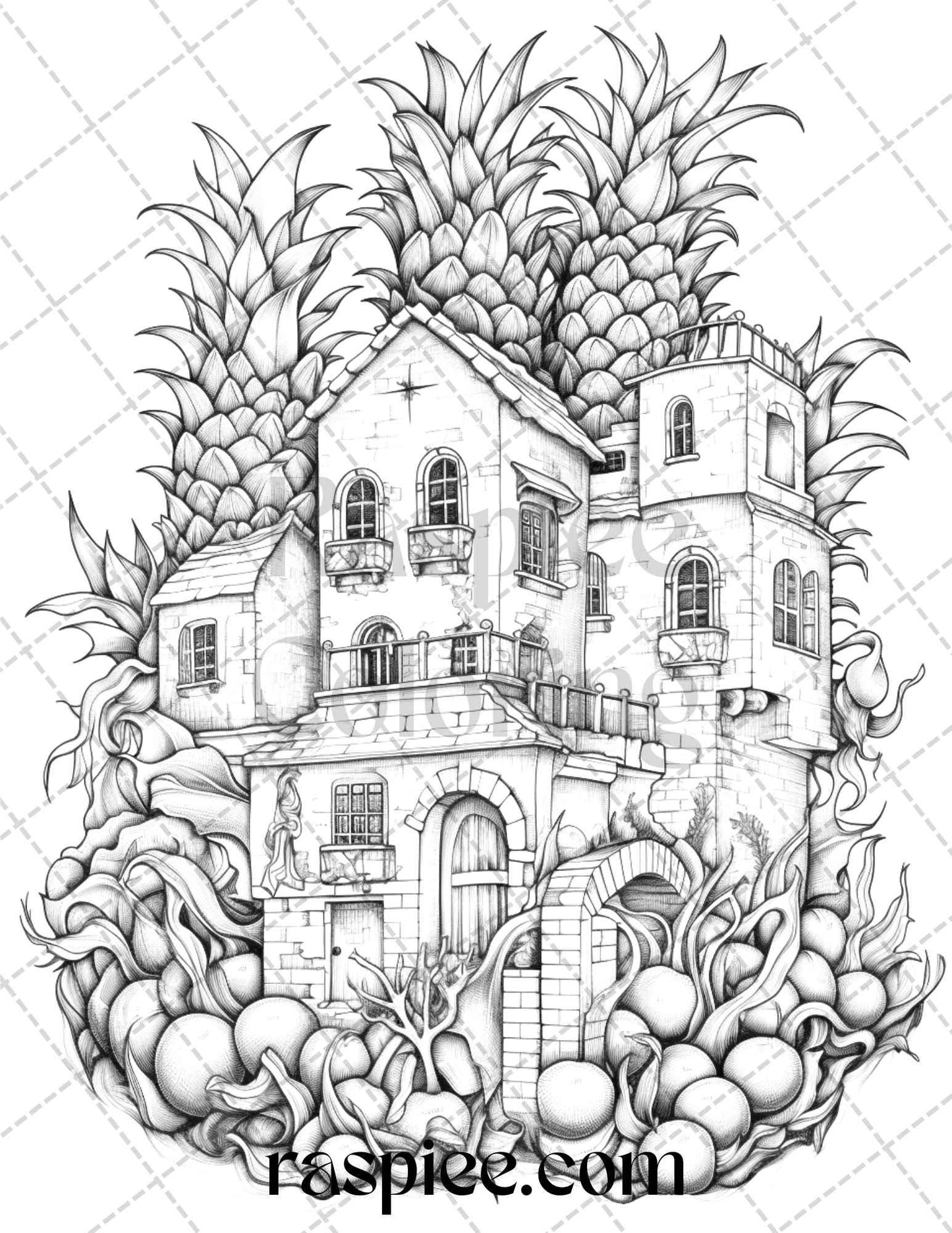 50 Pineapple Houses Grayscale Coloring Pages Printable for Adults, PDF File Instant Download