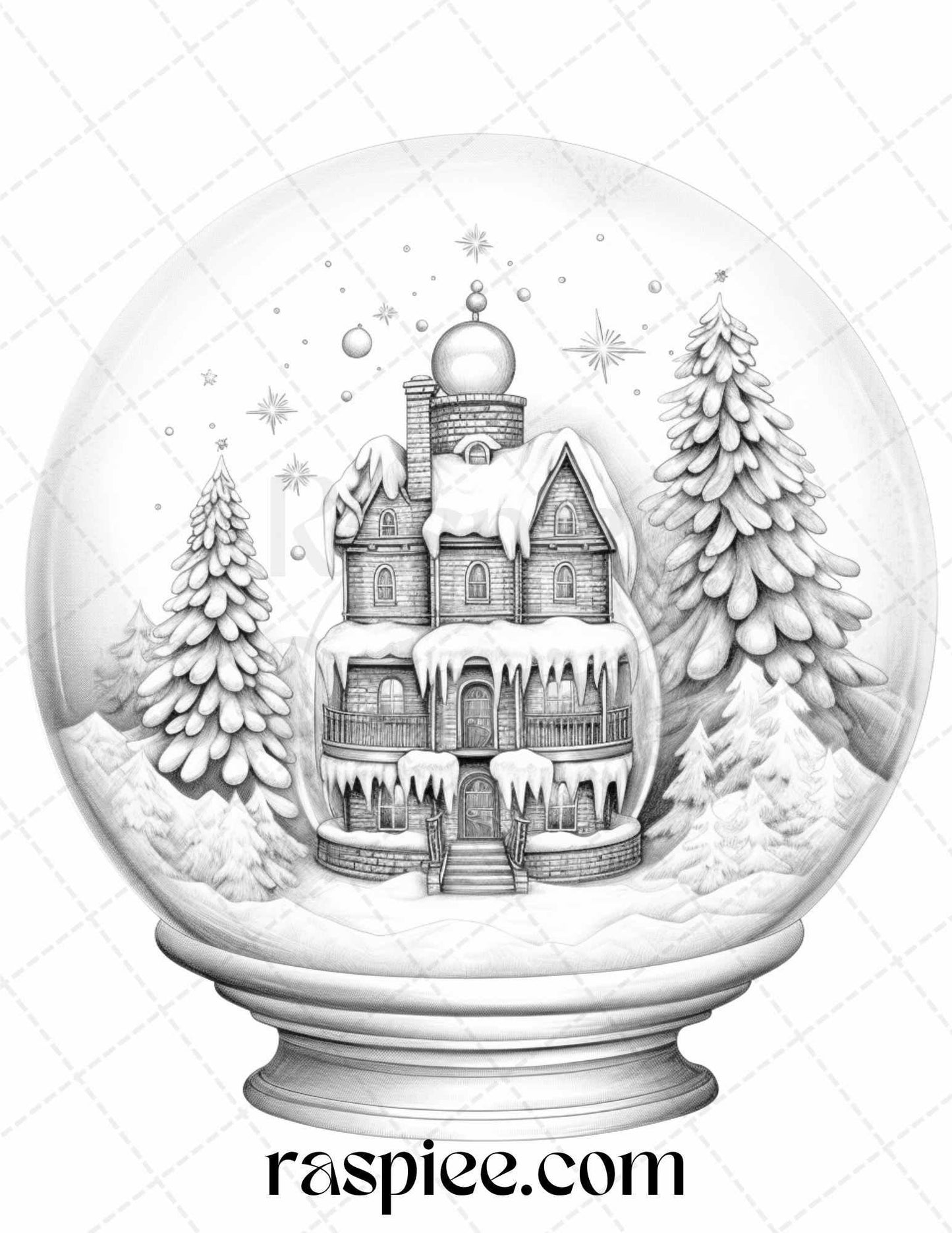 Cozy Cabin in Snow Globe Grayscale Coloring Pages Printable for Adults, PDF File Instant Download