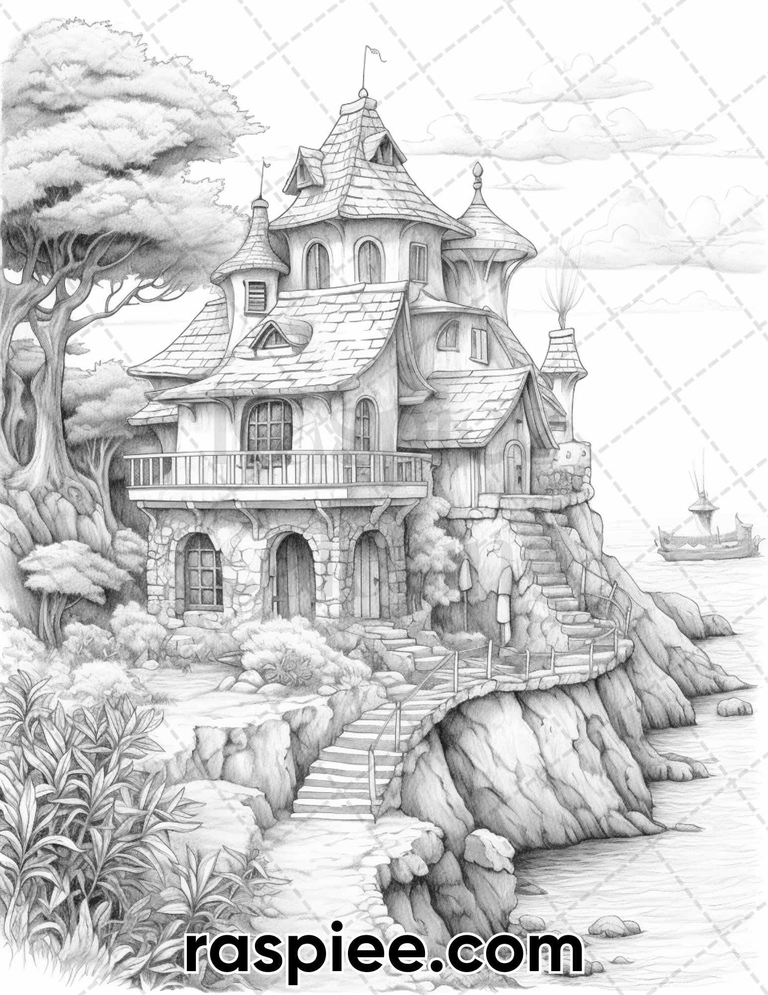 50 Fairy Beach Houses Grayscale Coloring Pages for Adults, Printable PDF Instant Download