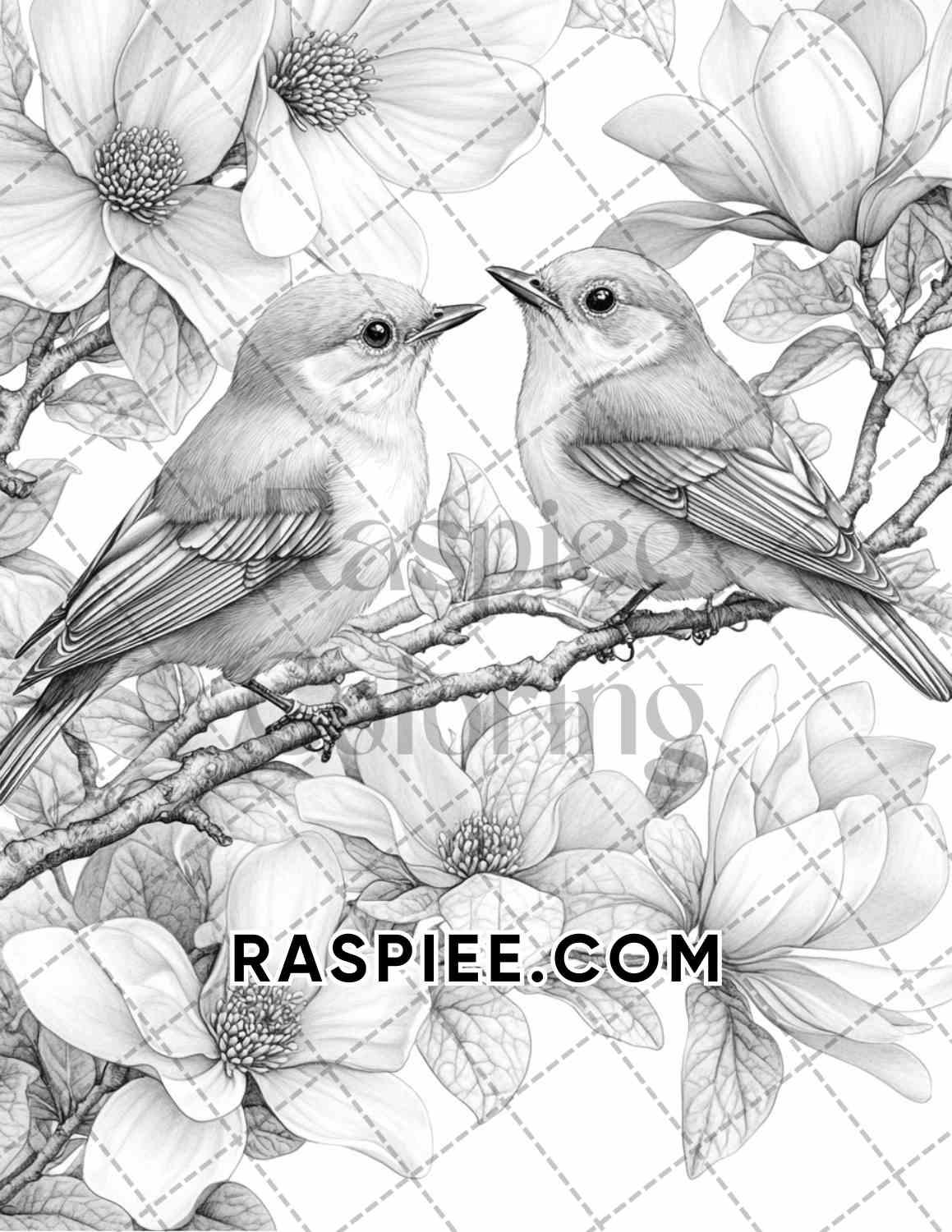 Flowers and Birds Adult Coloring Pages Printable PDF Instant Download