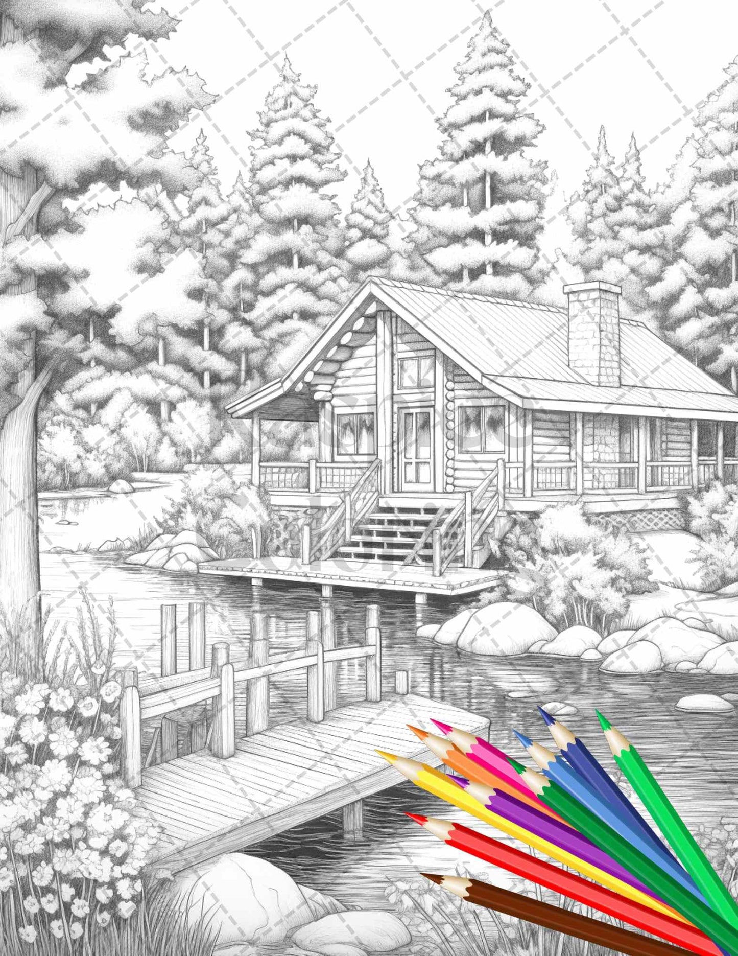 Lake Cabin Scenery Grayscale Coloring Pages Printable for Adults, PDF File Instant Download