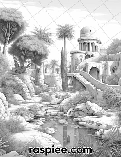 55 Desert Oasis Fairy Homes Grayscale Coloring Pages for Adults, Printable PDF Instant Download