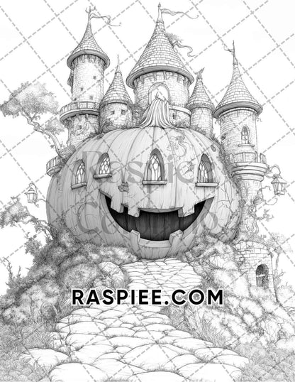 Fantasy Giant Pumpkin Castles Adult Coloring Pages Printable PDF Instant Download