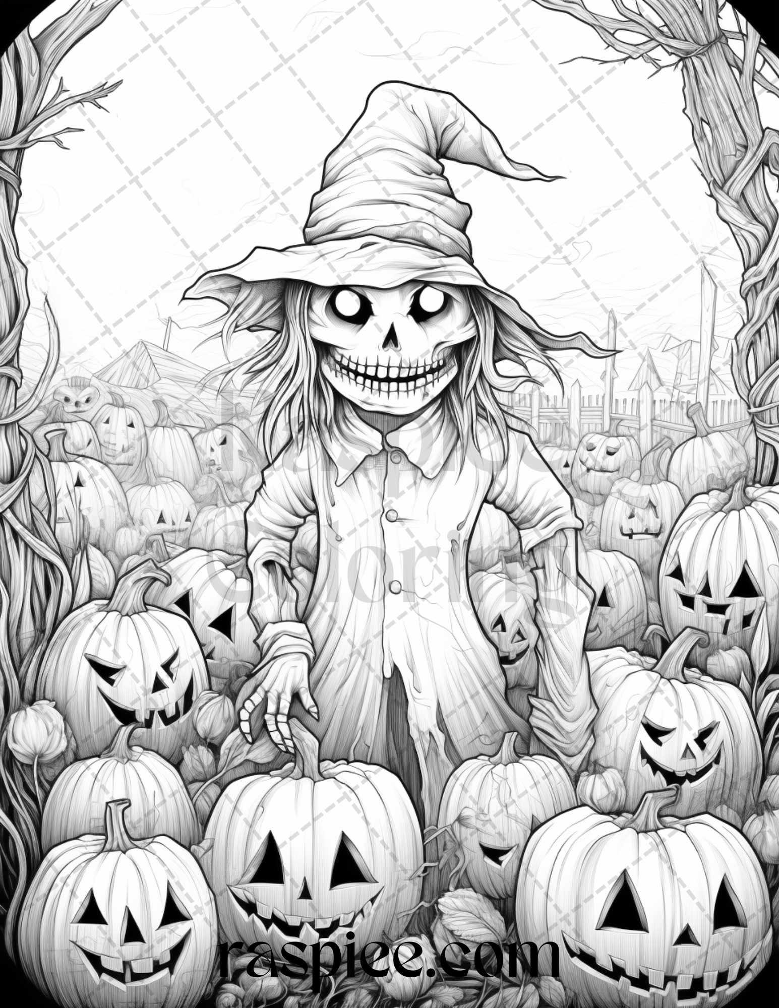 50 Halloween Scarecrows Grayscale Coloring Pages Printable for Adults, PDF File Instant Download