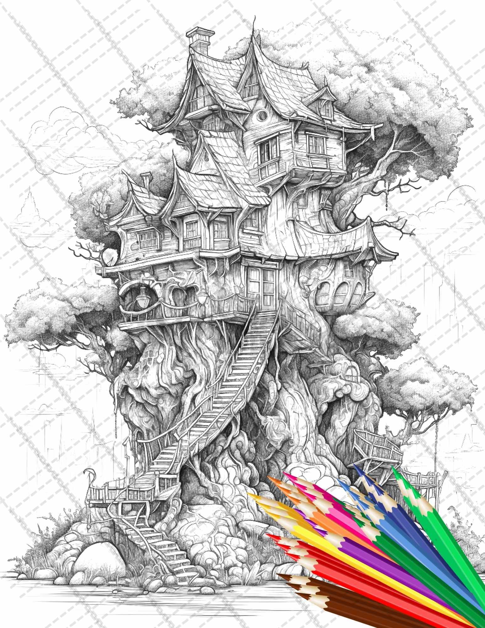 110 Enchanted Treehouse Coloring Book Printable for Adults, Grayscale Coloring Page, PDF File Instant Download