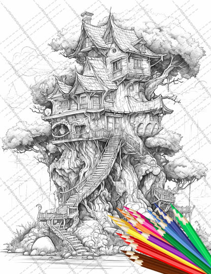 110 Enchanted Treehouse Coloring Book Printable for Adults, Grayscale Coloring Page, PDF File Instant Download
