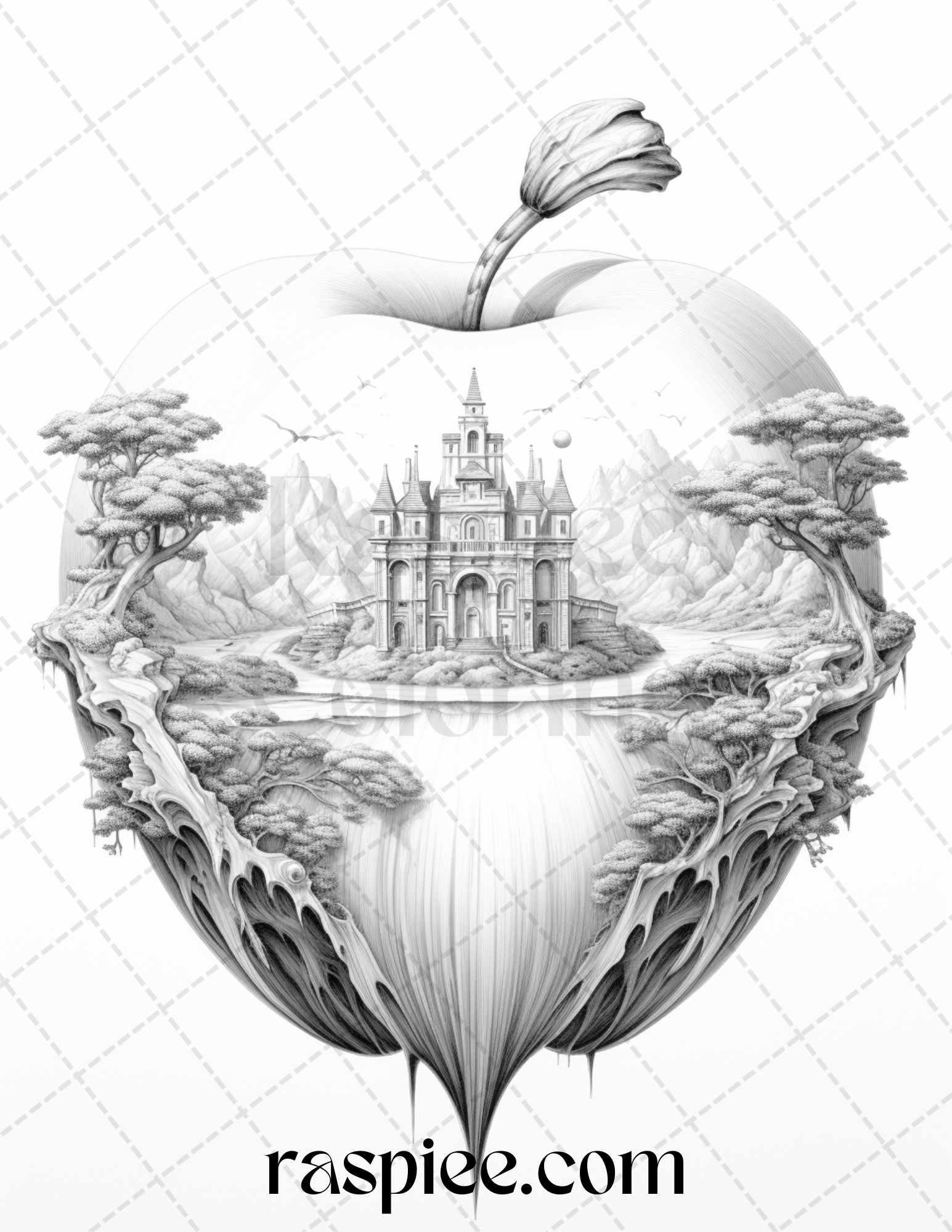 60 Miniworld in the Apple Grayscale Coloring Pages Printable for Adults, PDF File Instant Download