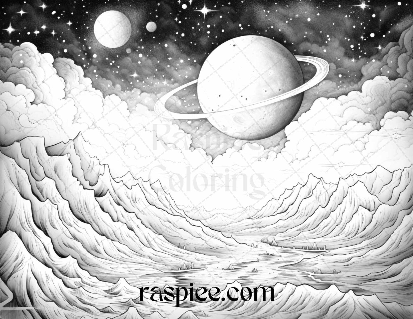 55 Celestial Landscapes Grayscale Coloring Pages Printable for Adults, PDF File Instant Download