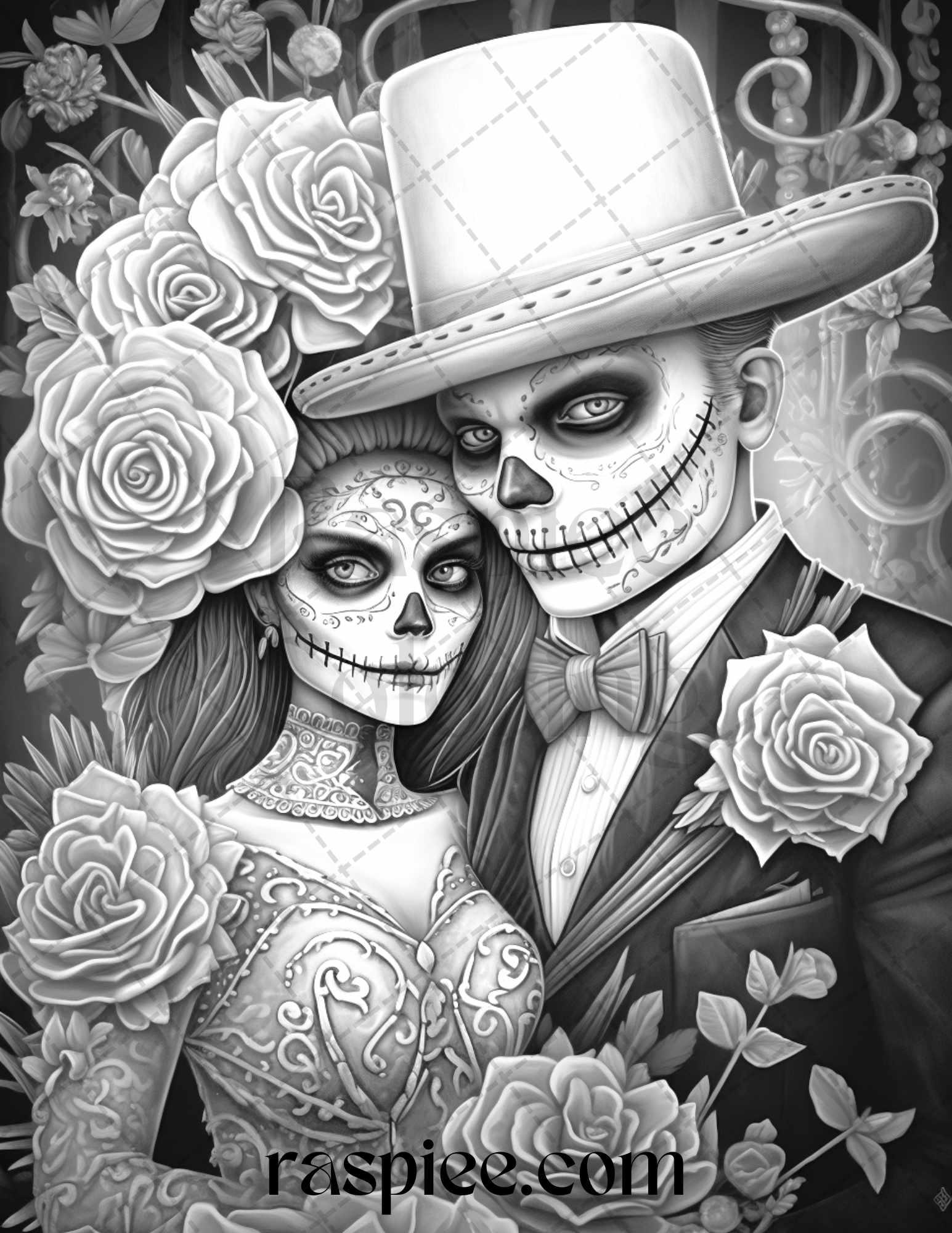 50 Day of the Dead Grayscale Coloring Pages Printable for Adults, PDF File Instant Download