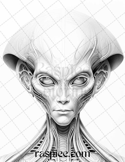 65 Alien Portrait Grayscale Coloring Pages for Adults, Printable PDF File Instant Download