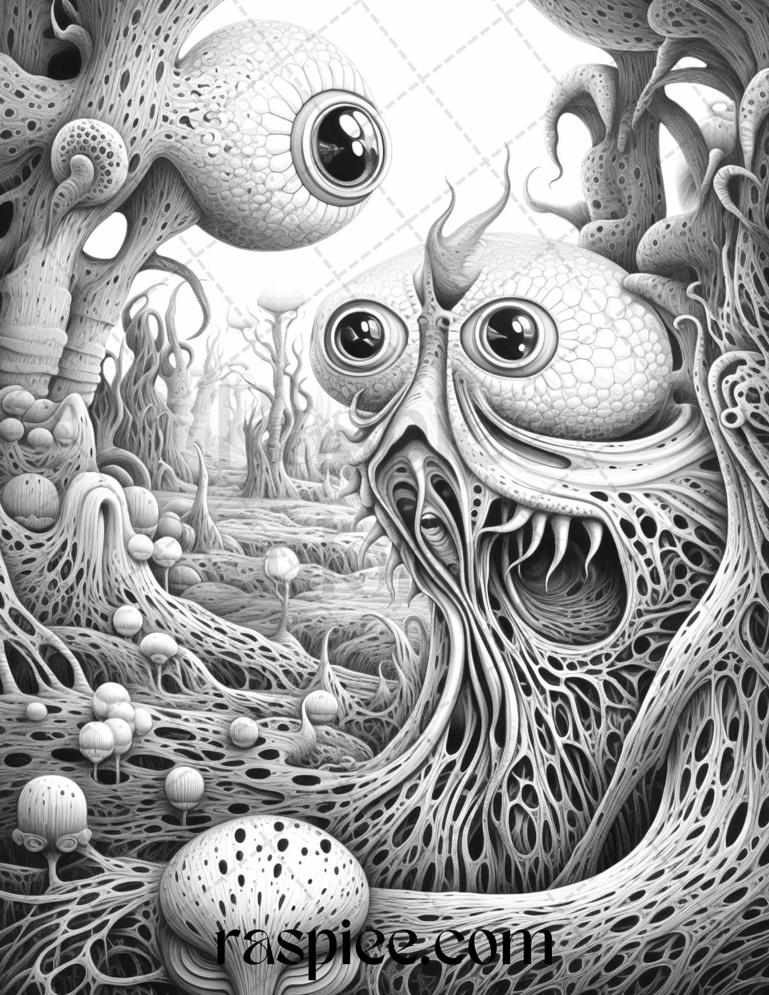 53 Surreal Creatures Grayscale Coloring Pages for Adults, Printable PDF File Instant Download