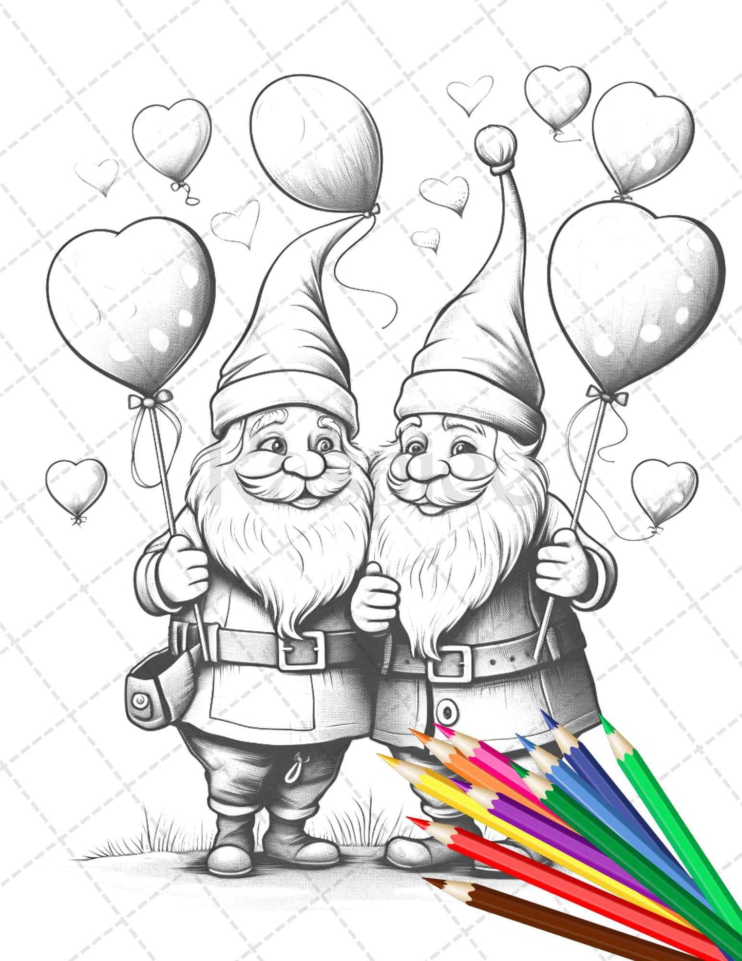 33 Gnome Love Coloring Pages Printable for Adults, Grayscale Coloring Page, PDF File Instant Download