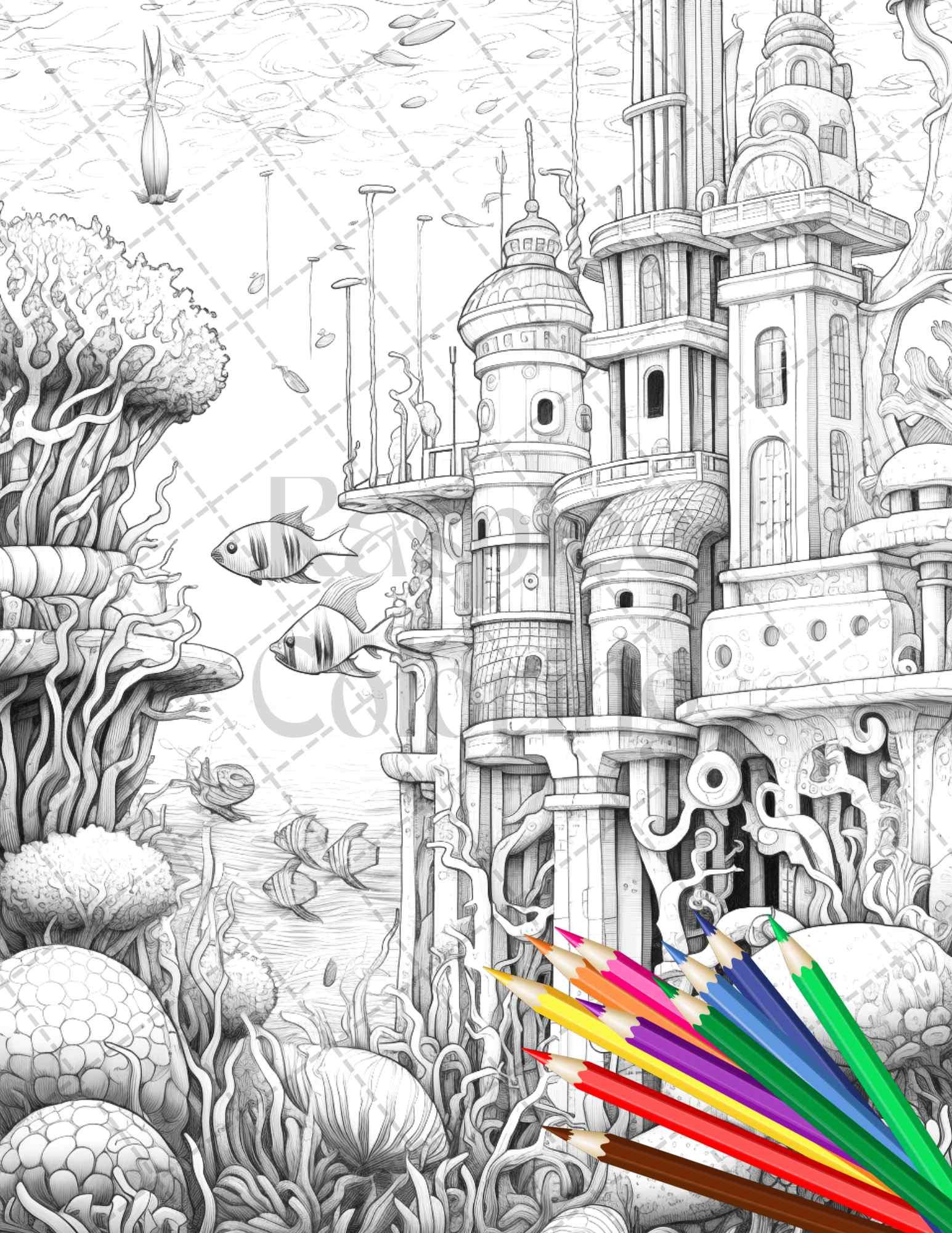 Enchanted Underwater City Grayscale Coloring Pages Printable for Adults, PDF File Instant Download