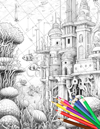 Enchanted Underwater City Grayscale Coloring Pages Printable for Adults, PDF File Instant Download