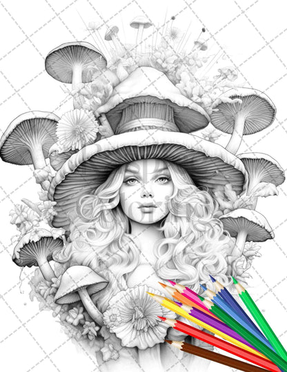 50 Mushroom Fairy Grayscale Coloring Pages Printable for Adults, PDF File Instant Download