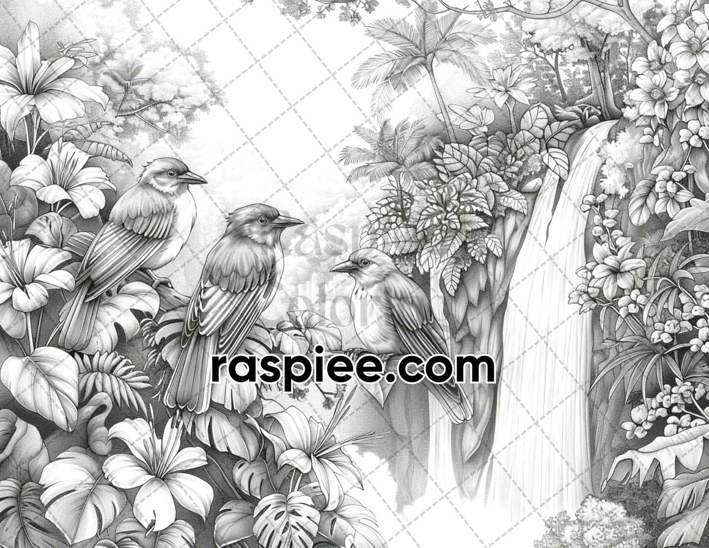 65 Rainforest Waterfall Grayscale Adult Coloring Pages, Printable PDF Instant Download