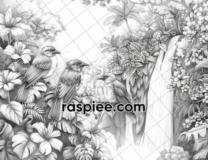 65 Rainforest Waterfall Grayscale Adult Coloring Pages, Printable PDF Instant Download