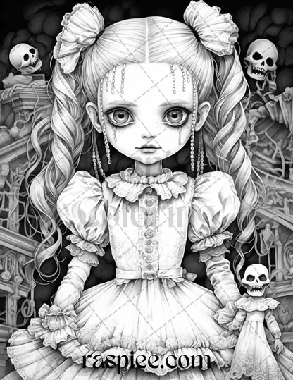 50 Scary Victorian Dolls Grayscale Coloring Pages Printable for Adults, PDF File Instant Download