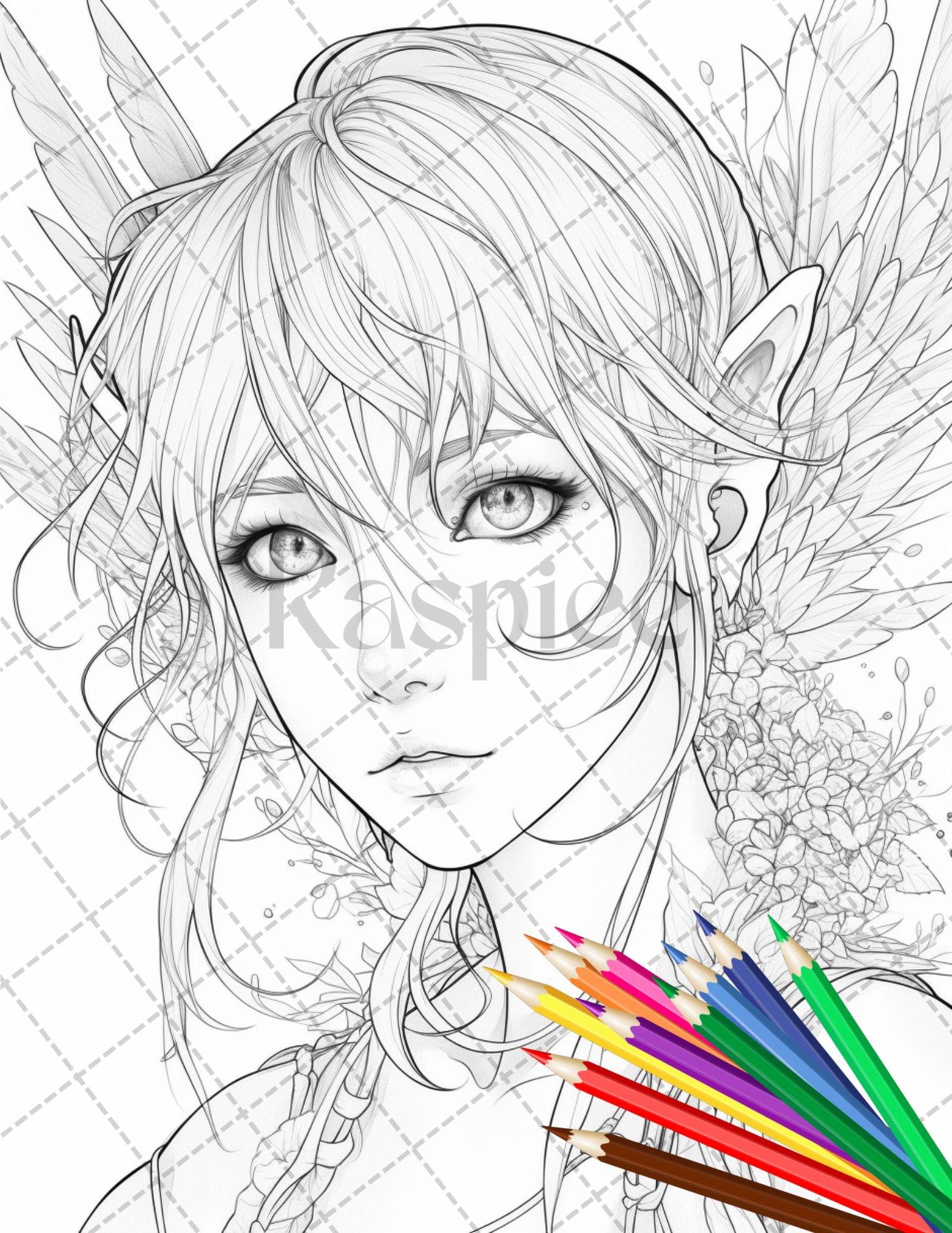 32 Anime Fairy Girl Printable Coloring Pages for Adults, Cute Fairy Grayscale Coloring Book, Printable PDF File Download