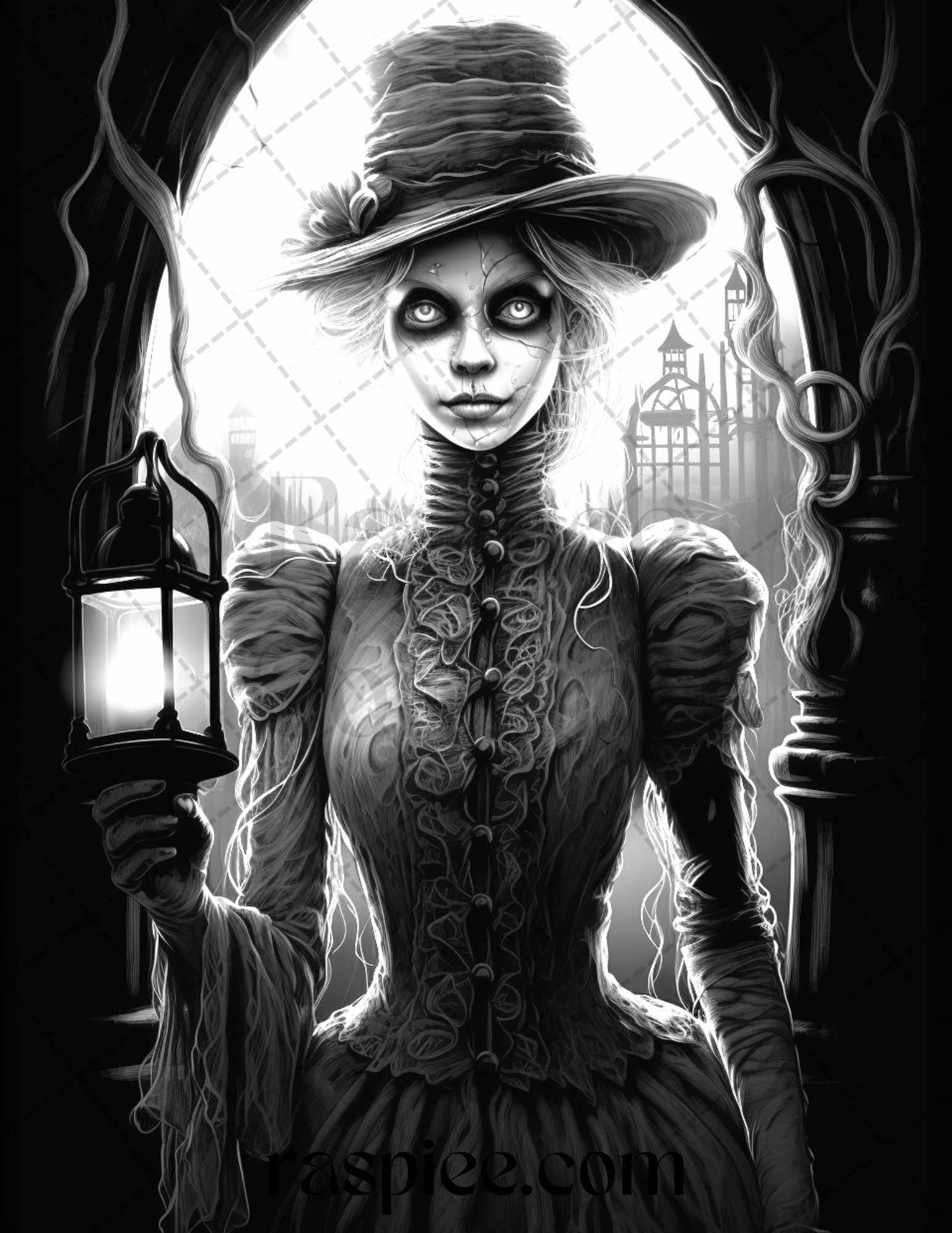 60 Halloween Victorian Era Grayscale Coloring Pages Printable for Adults, PDF File Instant Download