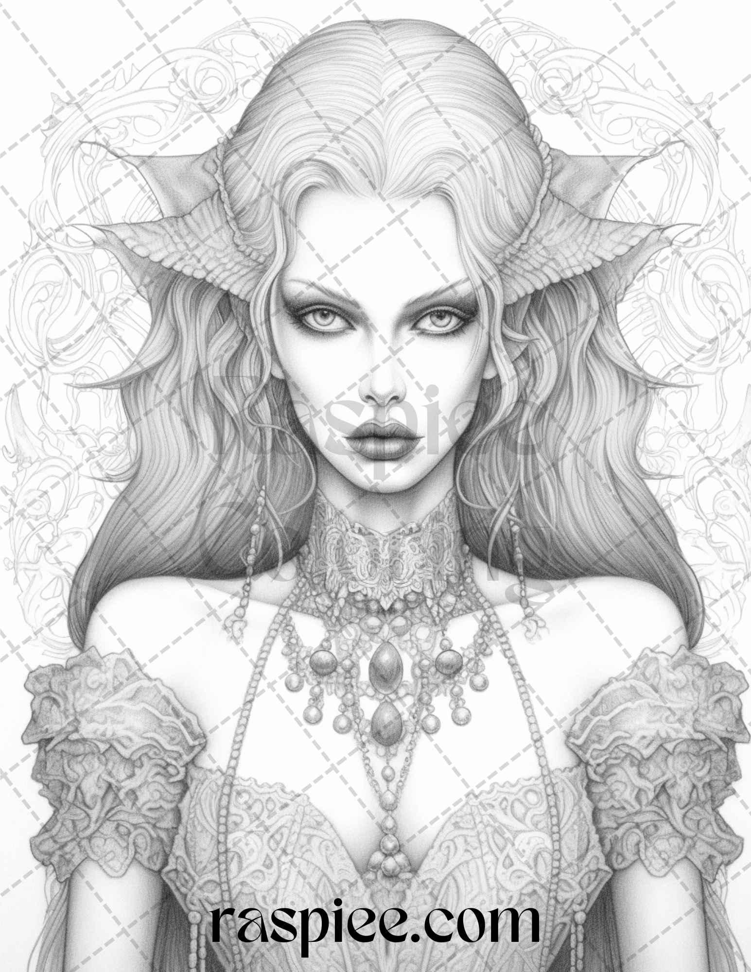 Bewitching Vampires Grayscale Coloring Pages Printable for Adults, PDF File Instant Download