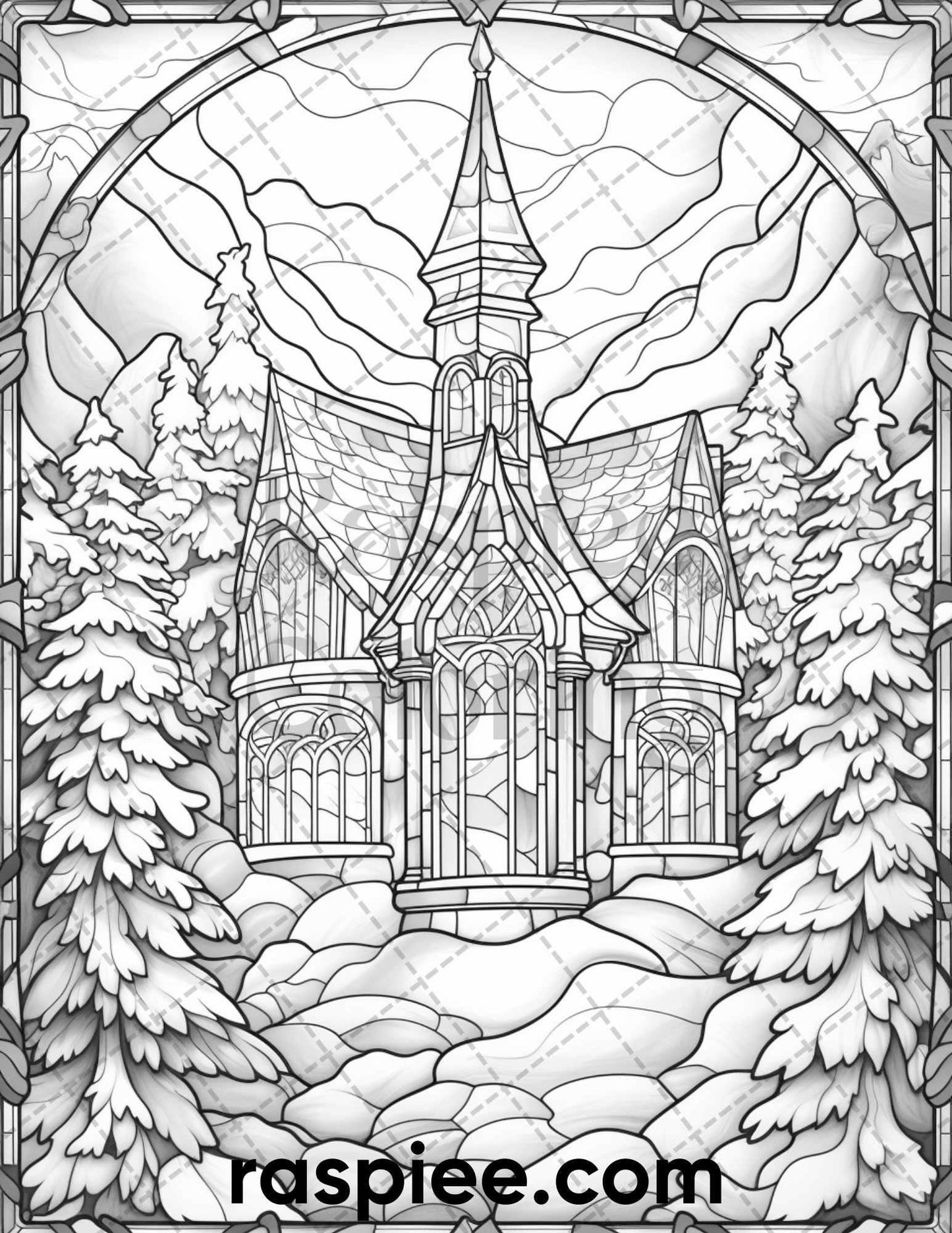 50 Christmas Stained Glass Grayscale Coloring Pages for Adults, Printable PDF File Instant Download