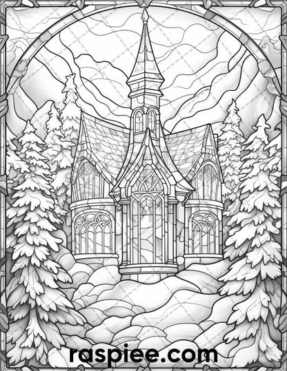 50 Christmas Stained Glass Grayscale Coloring Pages for Adults, Printable PDF File Instant Download