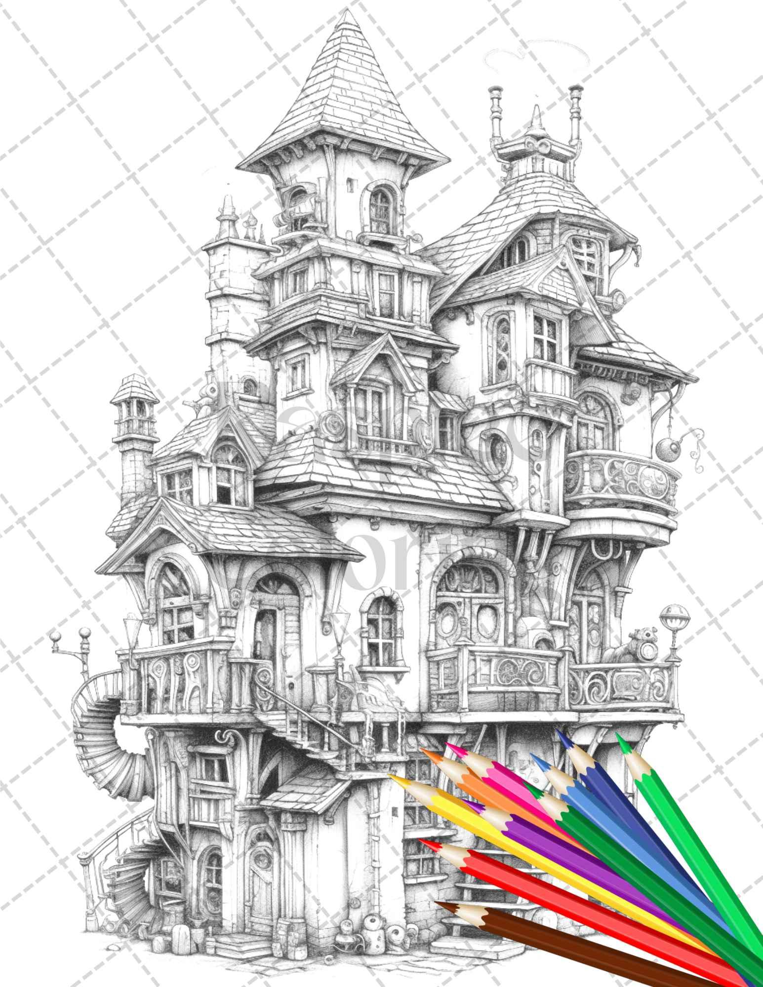 50 Steampunk Houses Grayscale Coloring Pages Printable for Adults, PDF File Instant Download
