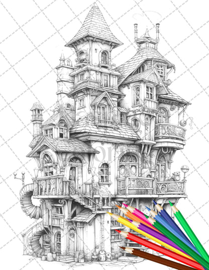 50 Steampunk Houses Grayscale Coloring Pages Printable for Adults, PDF File Instant Download