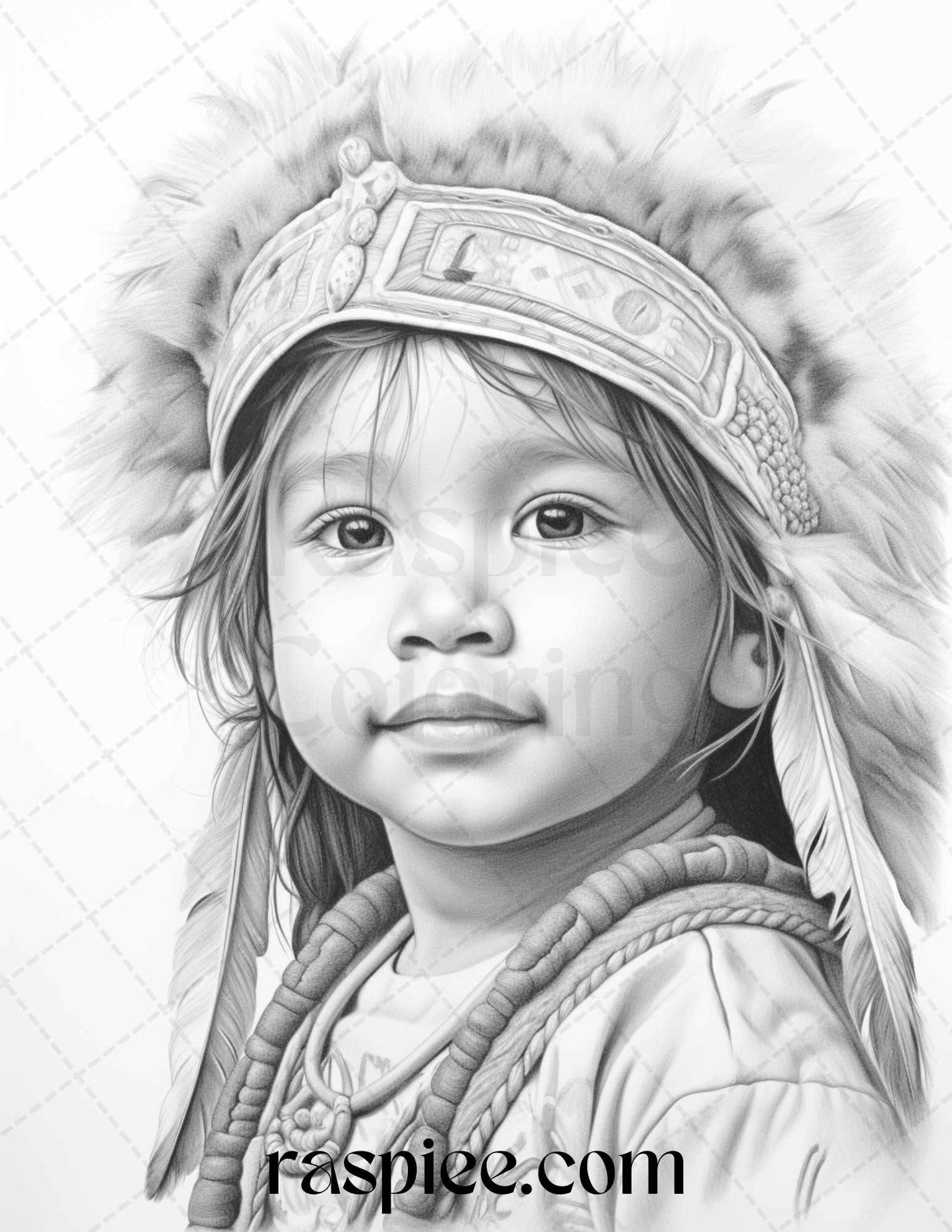 50 Native American Little Girls Boys Grayscale Coloring Pages Printable for Adults Kids, PDF File Instant Download