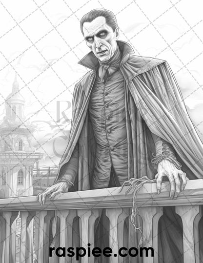 50 Count Dracula Grayscale Coloring Pages Printable for Adults, PDF File Instant Download
