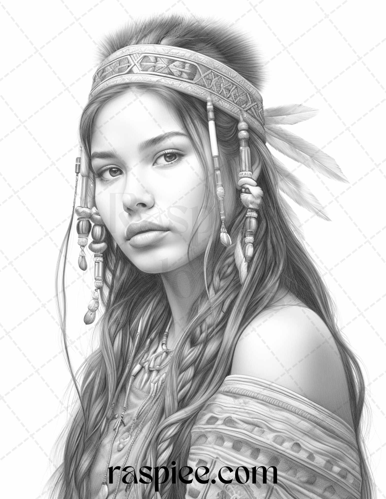 Native American Portrait Grayscale Coloring Pages Printable for Adults, PDF File Instant Download
