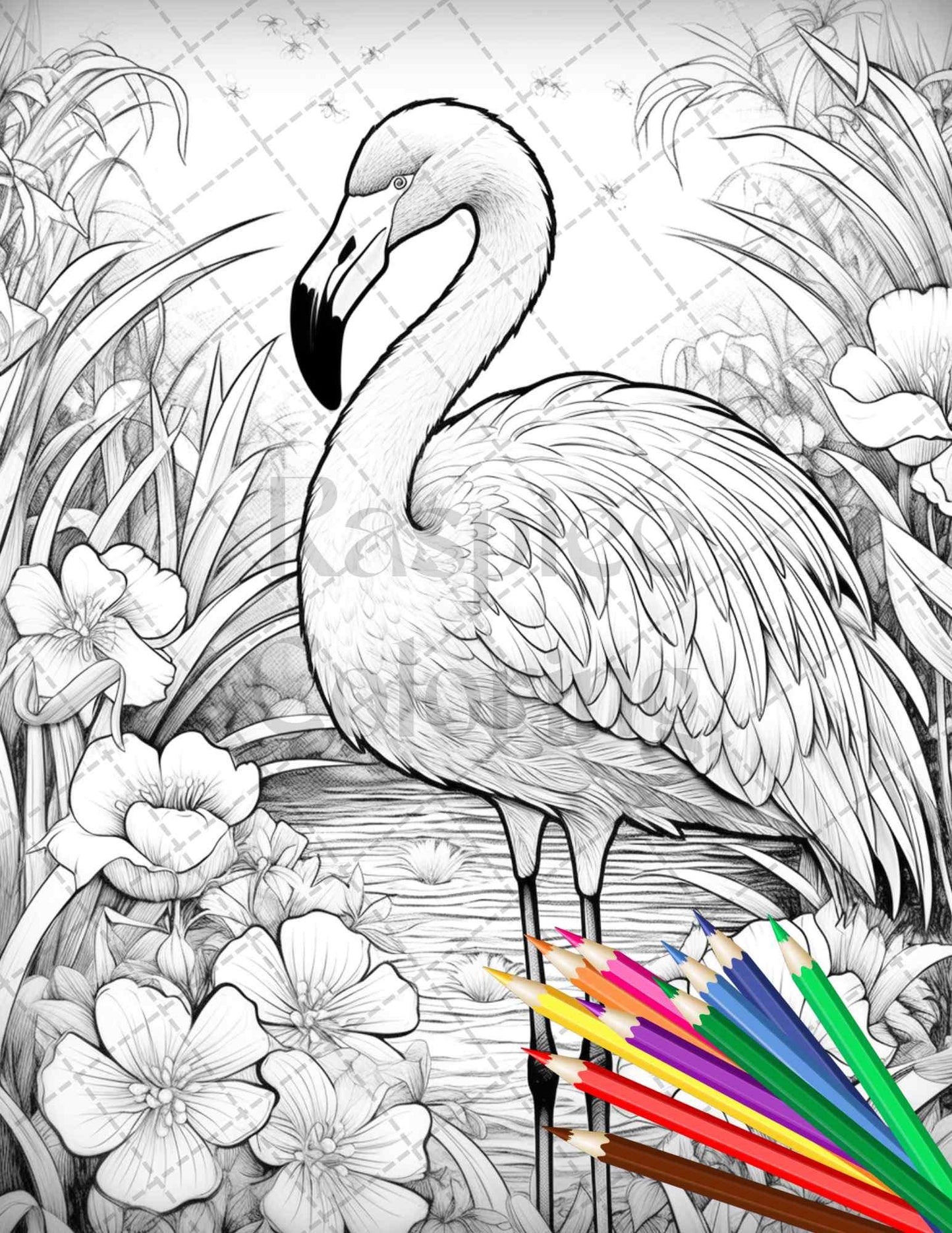 Flamingo Oasis Grayscale Coloring Pages Printable for Adults, PDF File Instant Download