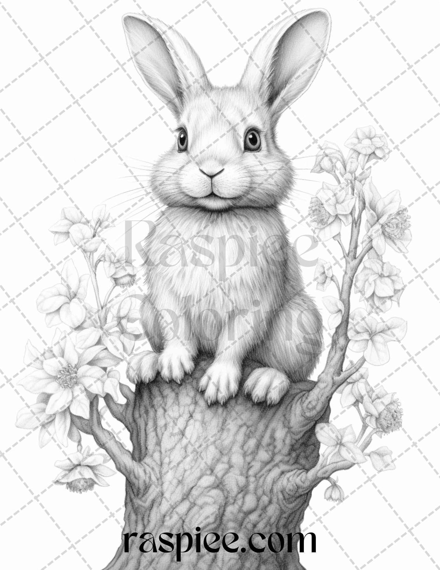 50 Rabbit Garden Grayscale Coloring Pages Printable for Adults, PDF File Instant Download