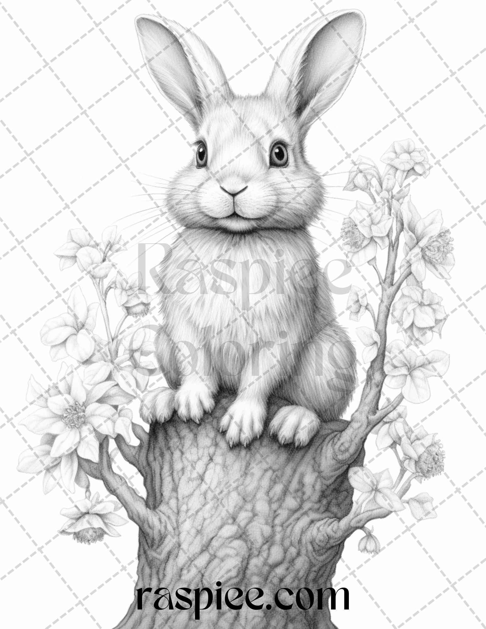 50 Rabbit Garden Grayscale Coloring Pages Printable for Adults, PDF File Instant Download