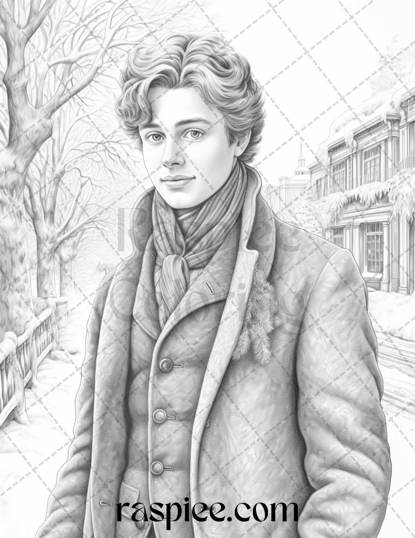 60 Victorian Winter Portrait Grayscale Coloring Pages Printable for Adults, PDF File Instant Download