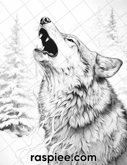 50 Winter Wolf Grayscale Coloring Pages for Adults, Printable PDF Instant Download