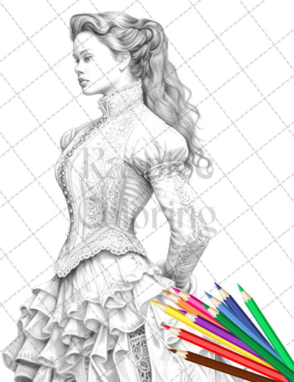 50 Victorian Fashion Grayscale Coloring Pages Printable for Adults, PDF File Instant Download