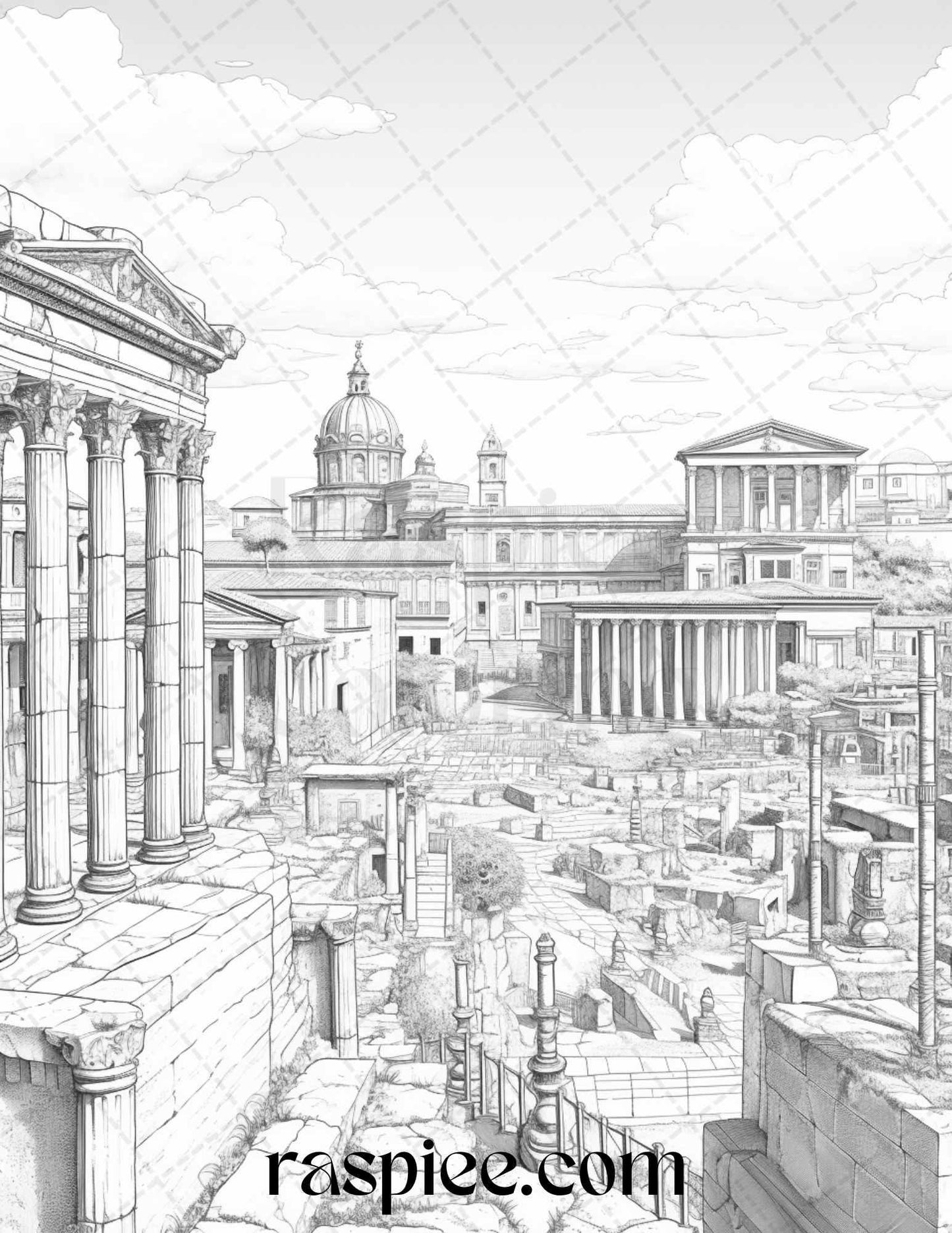 Roman Architecture Grayscale Coloring Pages Printable for Adults, PDF File Instant Download