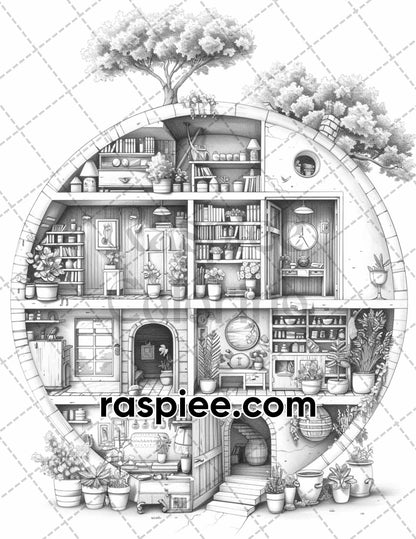 60 Isometric House Grayscale Adult Coloring Pages, Printable PDF Instant Download